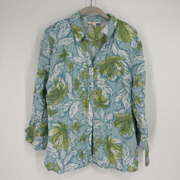 JM Collection top 14 blue green floral linen button up  workwear business career - Picture 1 of 5